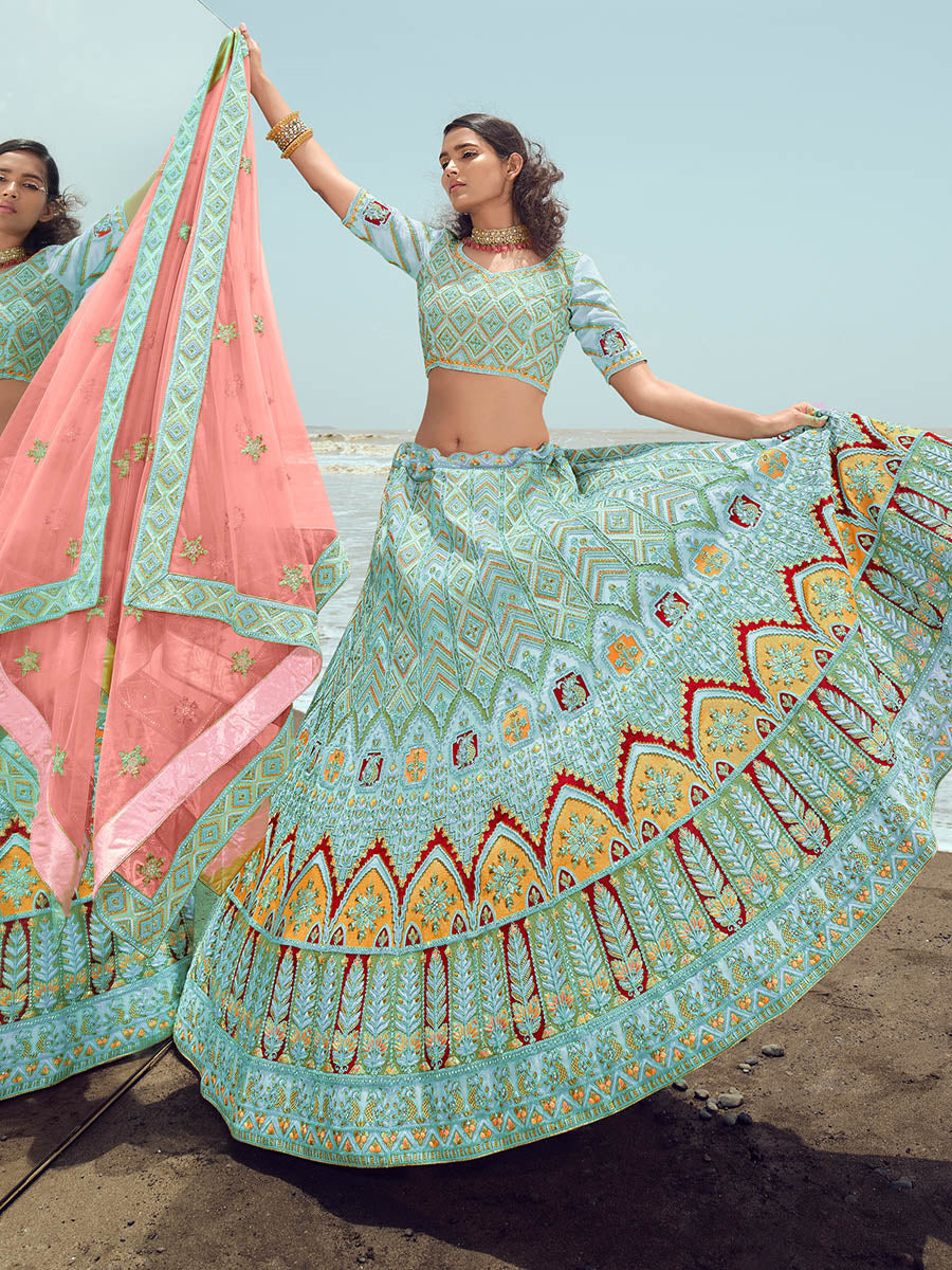 Myra Turquoise Georgette Embroidered Designer Lehenga Choli