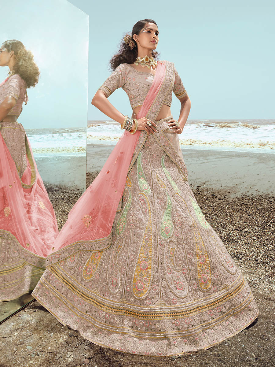Myra Beige Organza Embroidered Designer Lehenga Choli