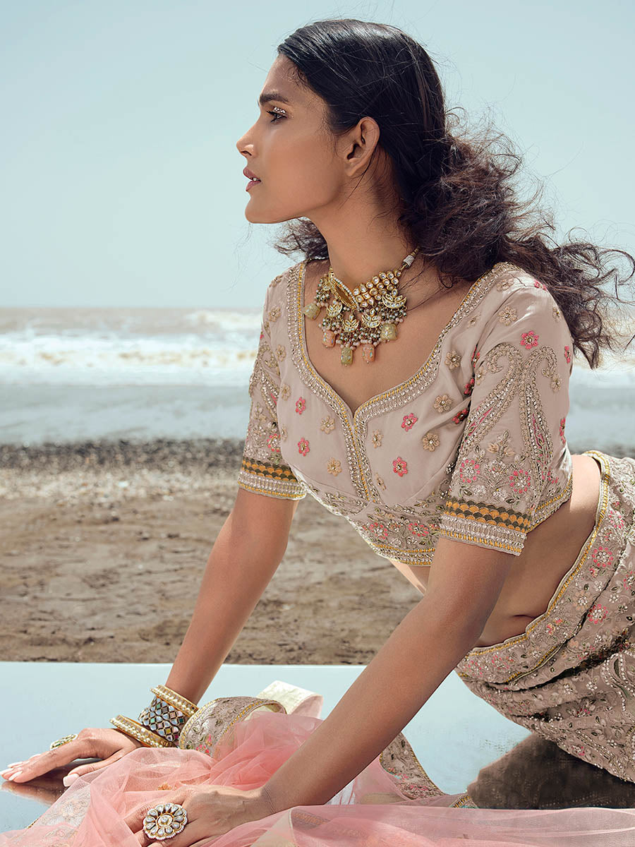 Myra Beige Organza Embroidered Designer Lehenga Choli