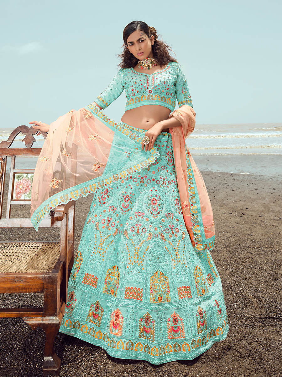 Myra Turquoise Georgette Embroidered Designer Lehenga Choli