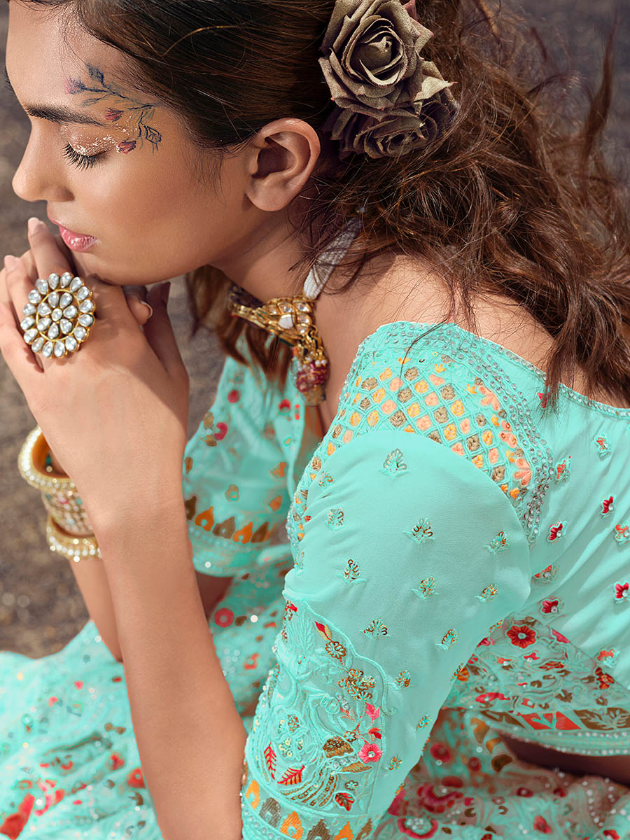 Myra Turquoise Georgette Embroidered Designer Lehenga Choli