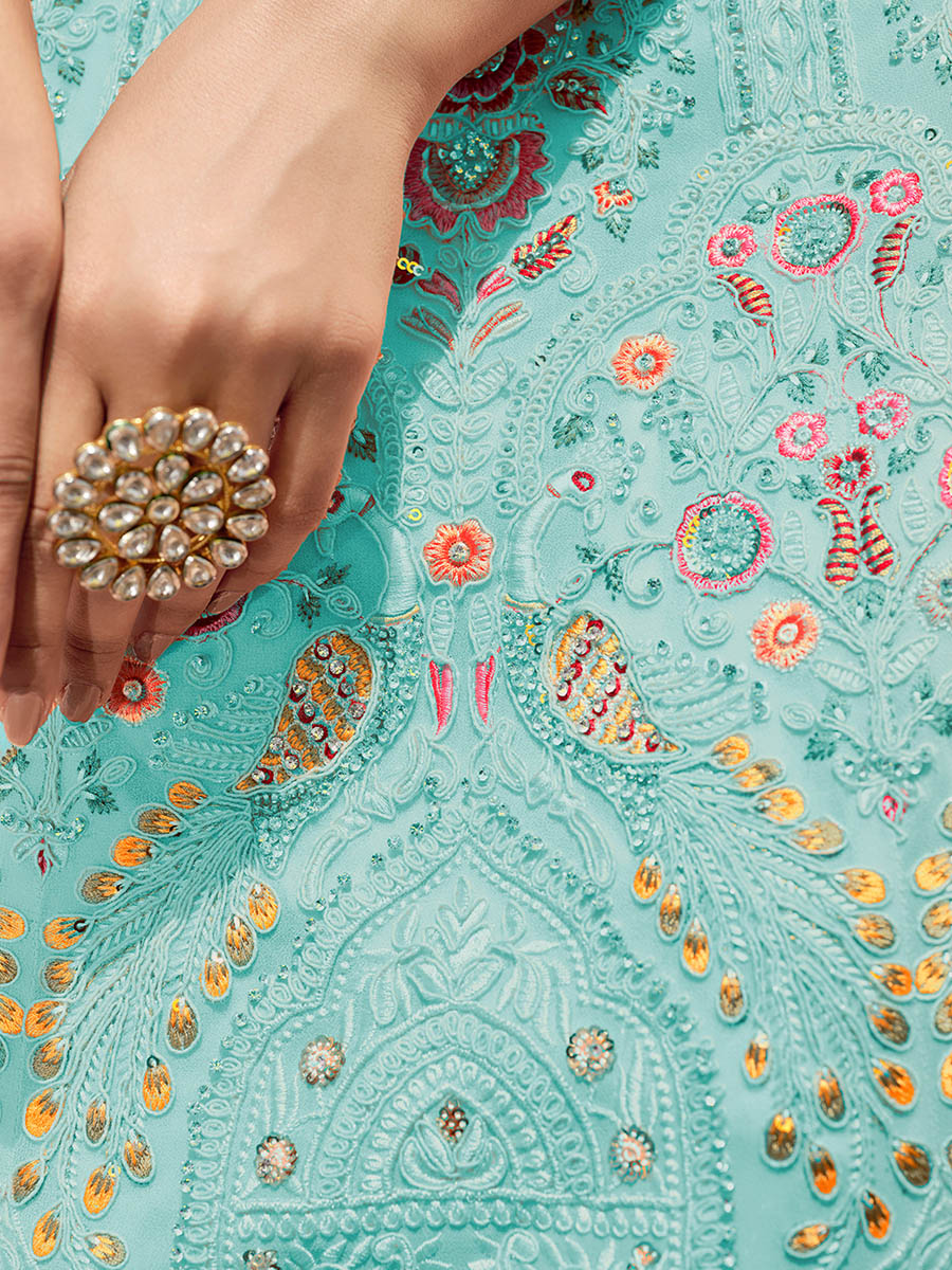 Myra Turquoise Georgette Embroidered Designer Lehenga Choli