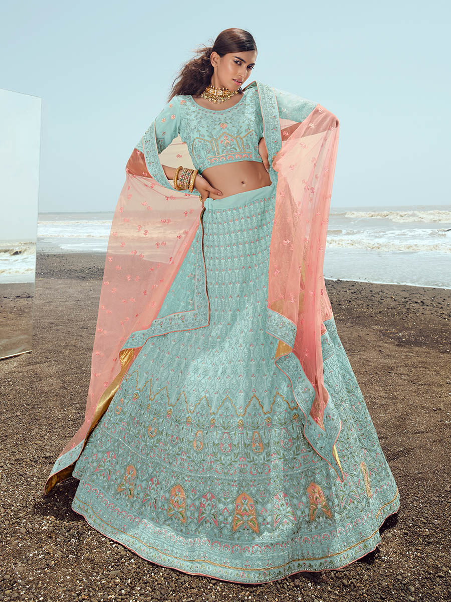 Myra Turquoise Georgette Embroidered Designer Lehenga Choli