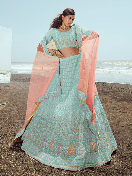 Myra Turquoise Georgette Embroidered Designer Lehenga Choli