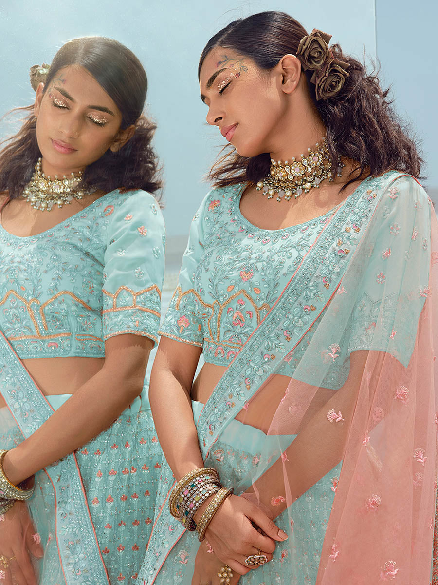 Myra Turquoise Georgette Embroidered Designer Lehenga Choli