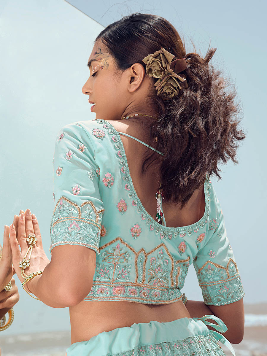 Myra Turquoise Georgette Embroidered Designer Lehenga Choli