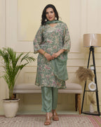 Vaasva Women Green Tissue Shimmer Kurta With Silk Pant & Dupatta - Distacart