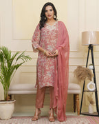 Vaasva Women Pink Tissue Shimmer Kurta With Silk Pant & Dupatta - Distacart