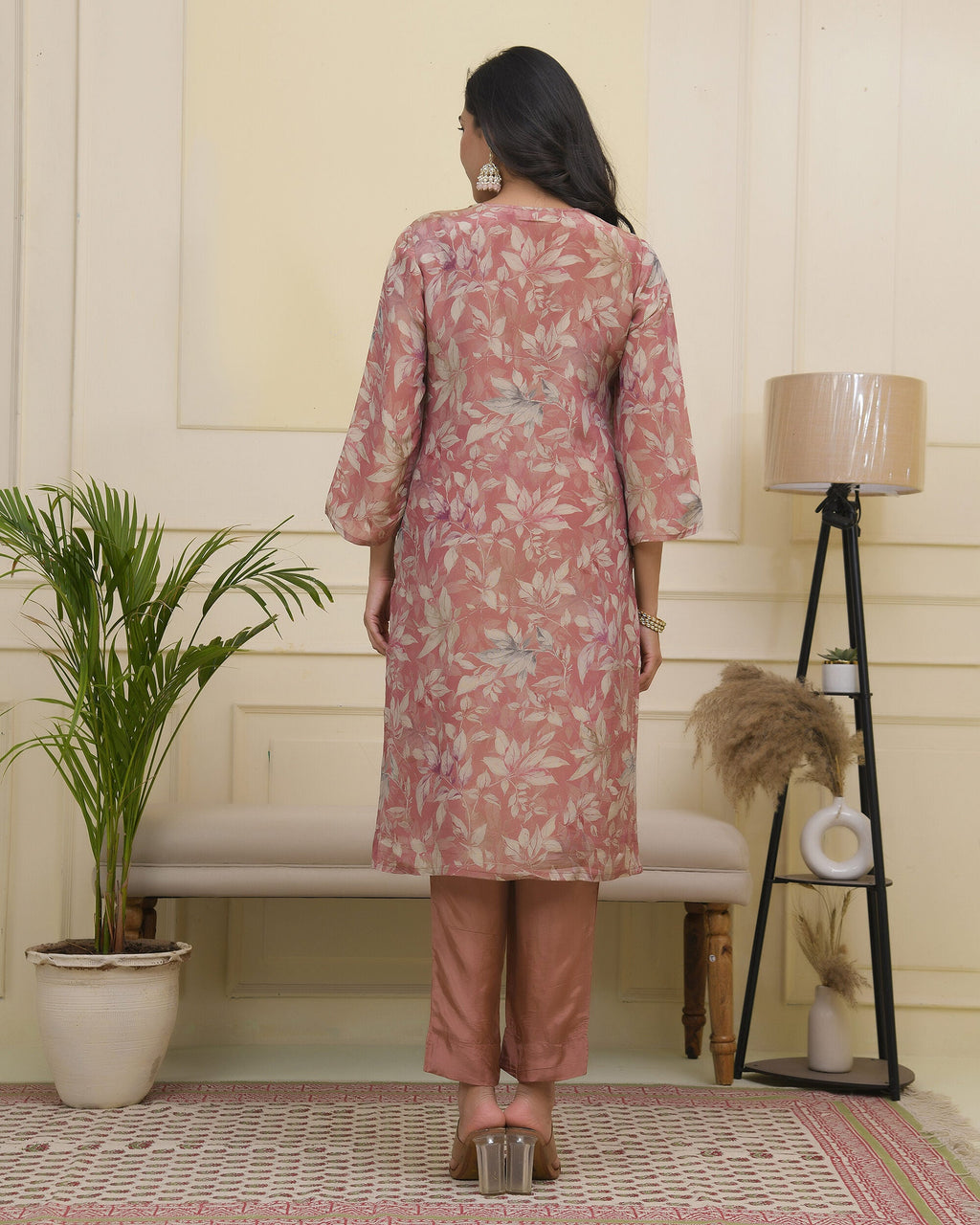 Vaasva Women Pink Tissue Shimmer Kurta With Silk Pant & Dupatta - Distacart