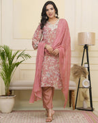 Vaasva Women Pink Tissue Shimmer Kurta With Silk Pant & Dupatta - Distacart