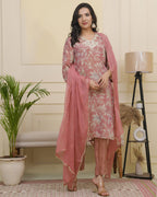 Vaasva Women Pink Tissue Shimmer Kurta With Silk Pant & Dupatta - Distacart