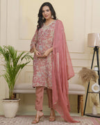 Vaasva Women Pink Tissue Shimmer Kurta With Silk Pant & Dupatta - Distacart