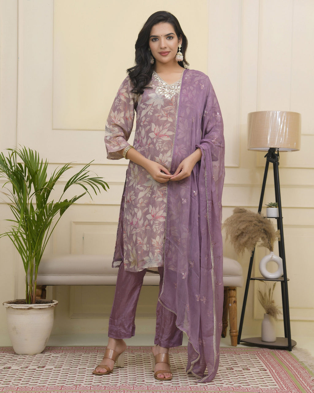 Vaasva Women Lavender Tissue Shimmer Kurta With Silk Pant & Dupatta - Distacart