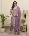 Vaasva Women Lavender Tissue Shimmer Kurta With Silk Pant & Dupatta - Distacart
