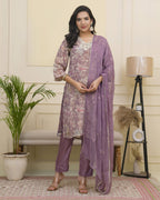 Vaasva Women Lavender Tissue Shimmer Kurta With Silk Pant & Dupatta - Distacart