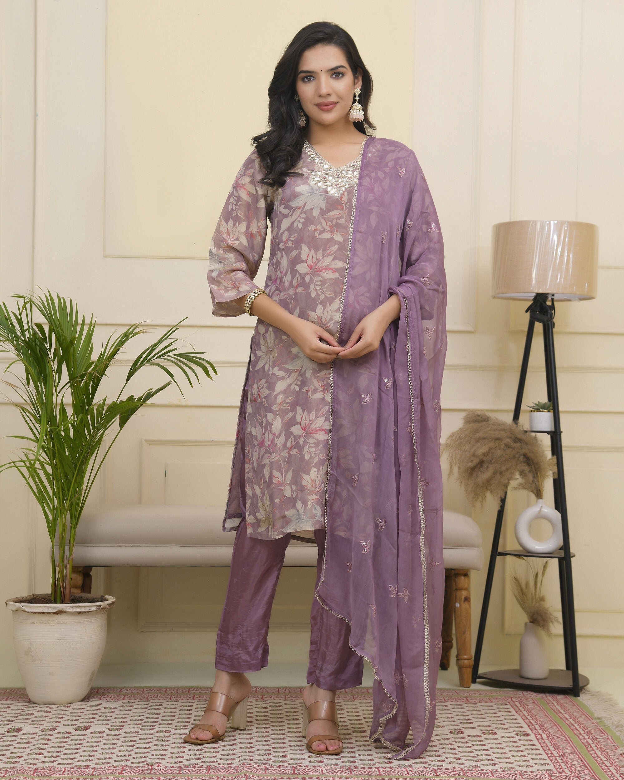 Vaasva Women Lavender Tissue Shimmer Kurta With Silk Pant & Dupatta - Distacart