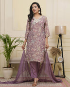 Vaasva Women Lavender Tissue Shimmer Kurta With Silk Pant & Dupatta - Distacart