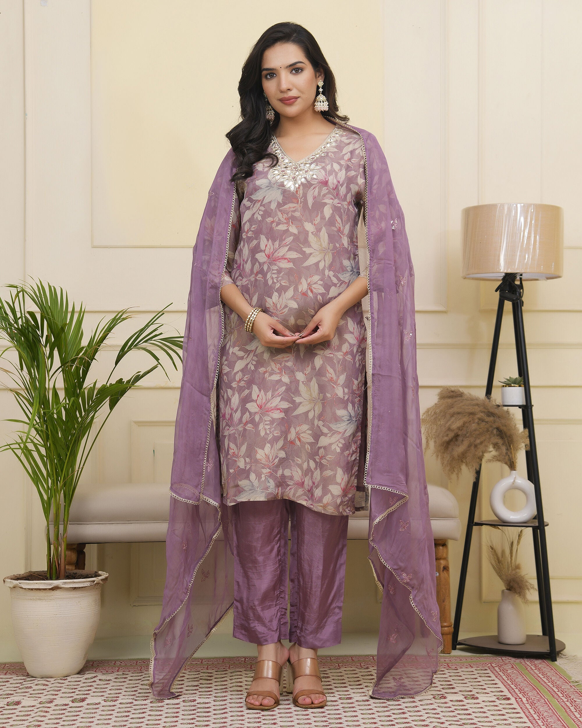 Vaasva Women Lavender Tissue Shimmer Kurta With Silk Pant & Dupatta - Distacart