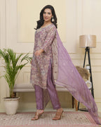 Vaasva Women Lavender Tissue Shimmer Kurta With Silk Pant & Dupatta - Distacart