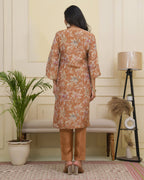 Vaasva Women Rust Tissue Shimmer Kurta With Silk Pant & Dupatta