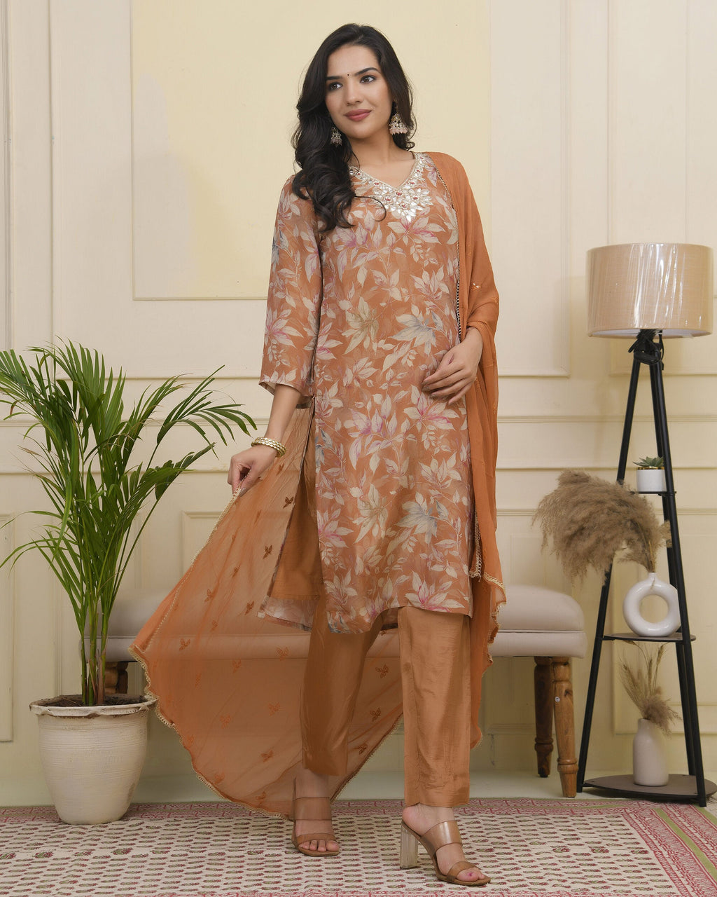 Vaasva Women Rust Tissue Shimmer Kurta With Silk Pant & Dupatta