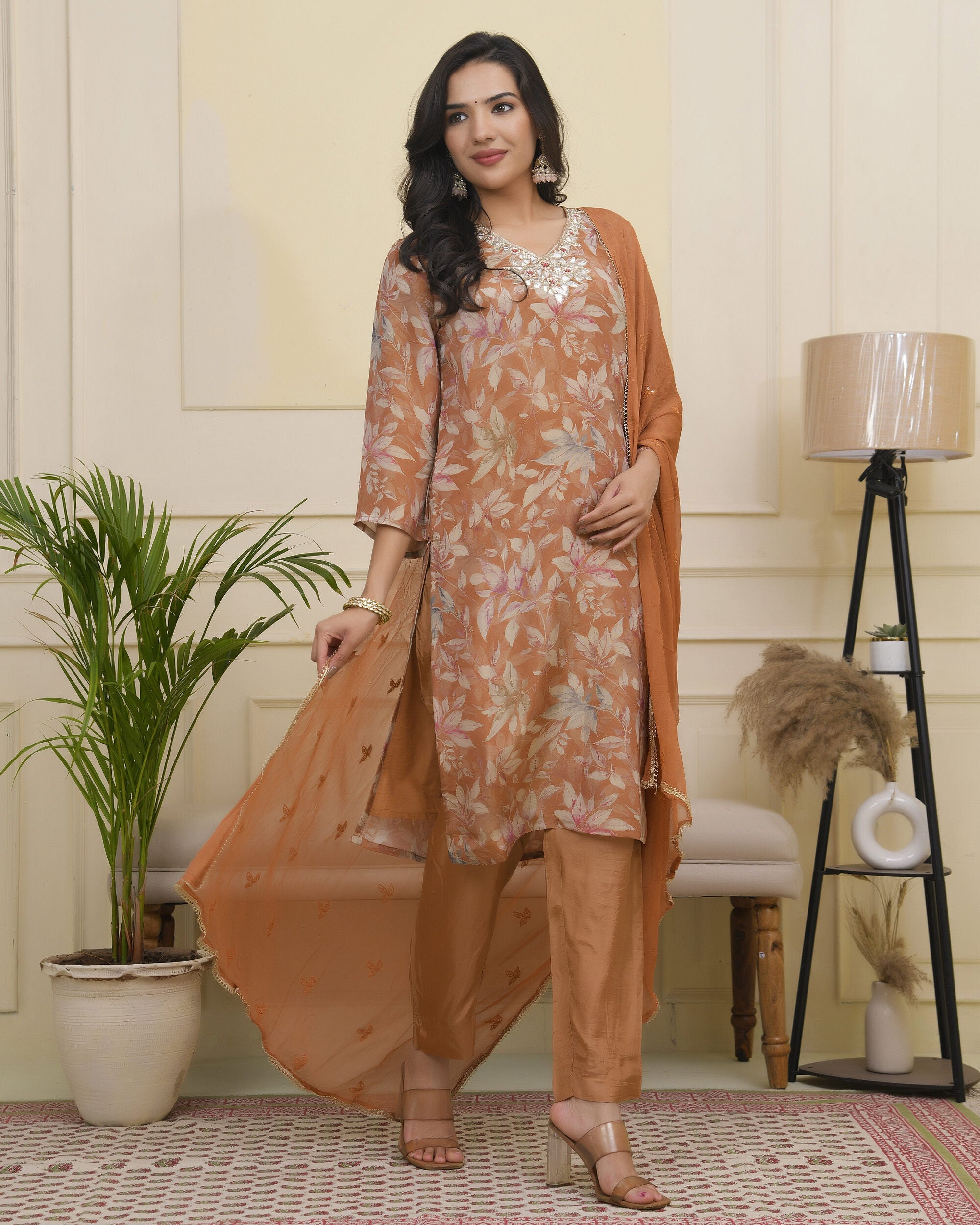 Vaasva Women Rust Tissue Shimmer Kurta With Silk Pant & Dupatta