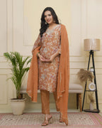 Vaasva Women Rust Tissue Shimmer Kurta With Silk Pant & Dupatta