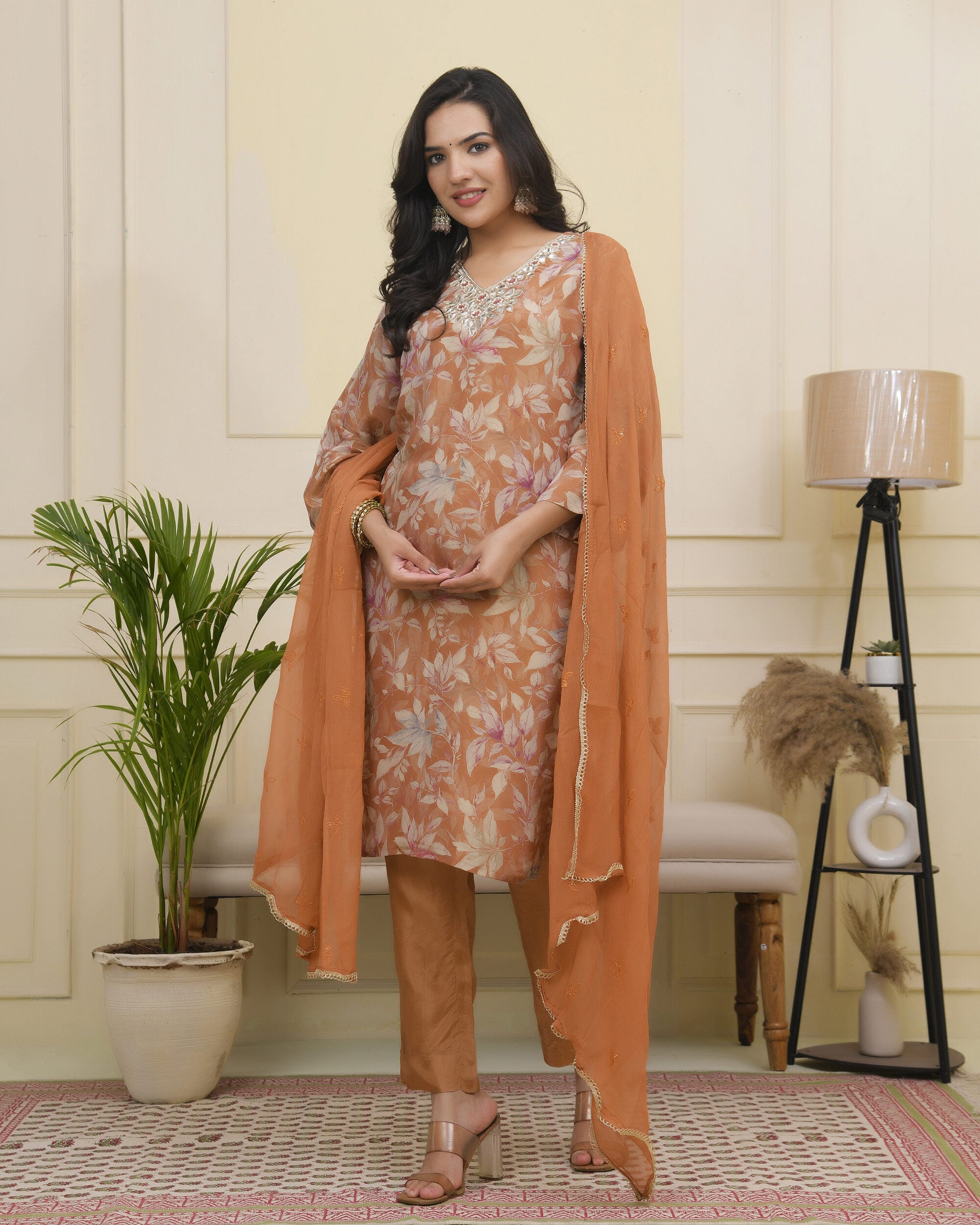 Vaasva Women Rust Tissue Shimmer Kurta With Silk Pant & Dupatta