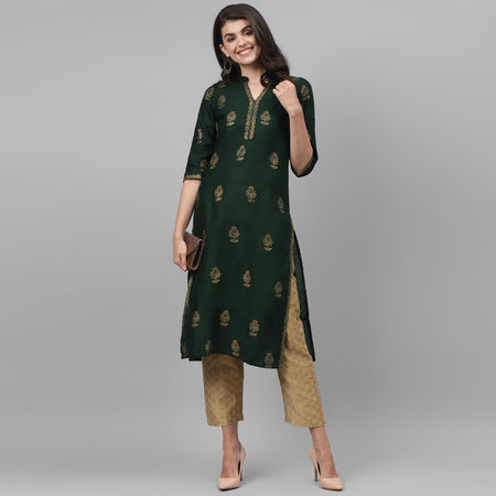 Maai Rayon Hand Printed Kurta Green