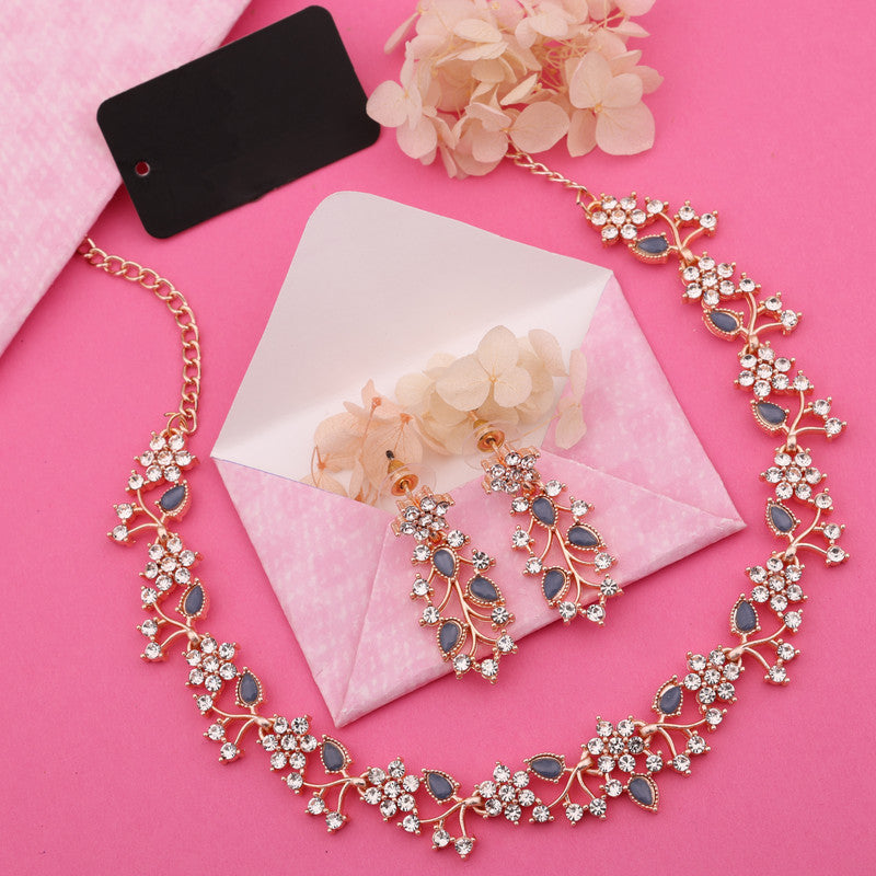 Tehzeeb Creations Rose Gold Pleated White Diamond With Blue Beads Necklace Set
