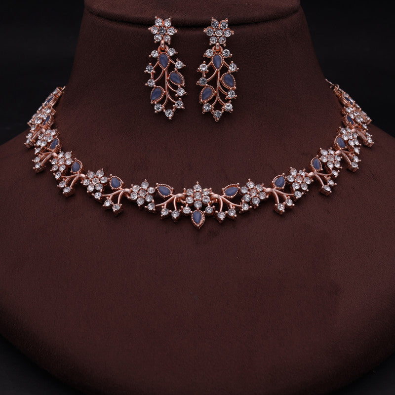 Tehzeeb Creations Rose Gold Pleated White Diamond With Blue Beads Necklace Set