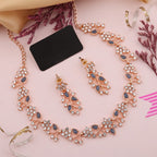 Tehzeeb Creations Rose Gold Pleated White Diamond With Blue Beads Necklace Set