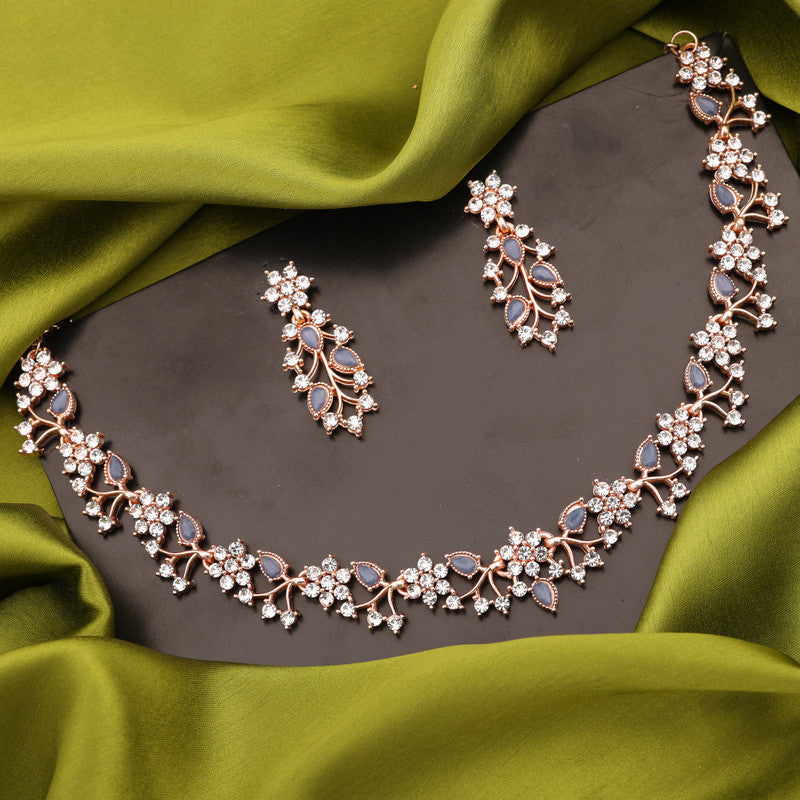 Tehzeeb Creations Rose Gold Pleated White Diamond With Blue Beads Necklace Set