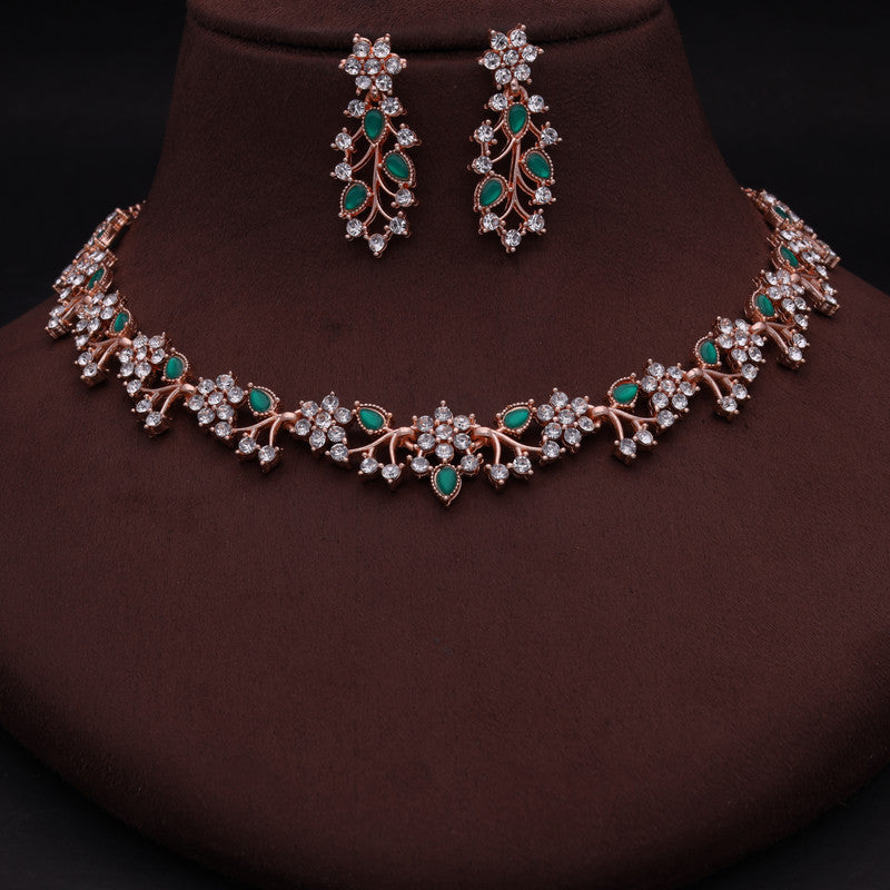 Tehzeeb Creations Rose Gold Pleated White Diamond With Green Beads Necklace Set