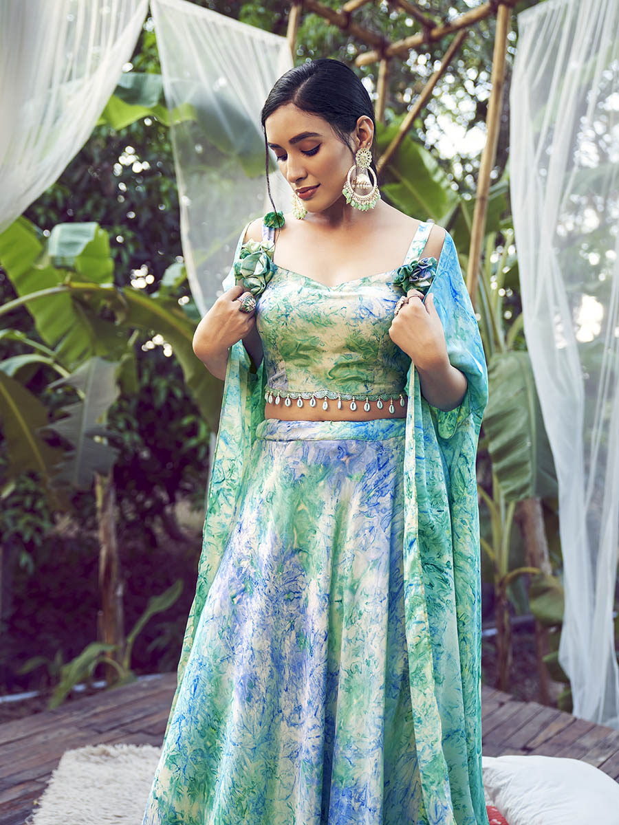 Myra Sky Silk Digital Printed Designer Lehenga