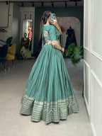 Lorenvalley Seagreen Pure Chanderi Plain With Zari Weaving Work Border Lehenga Choli