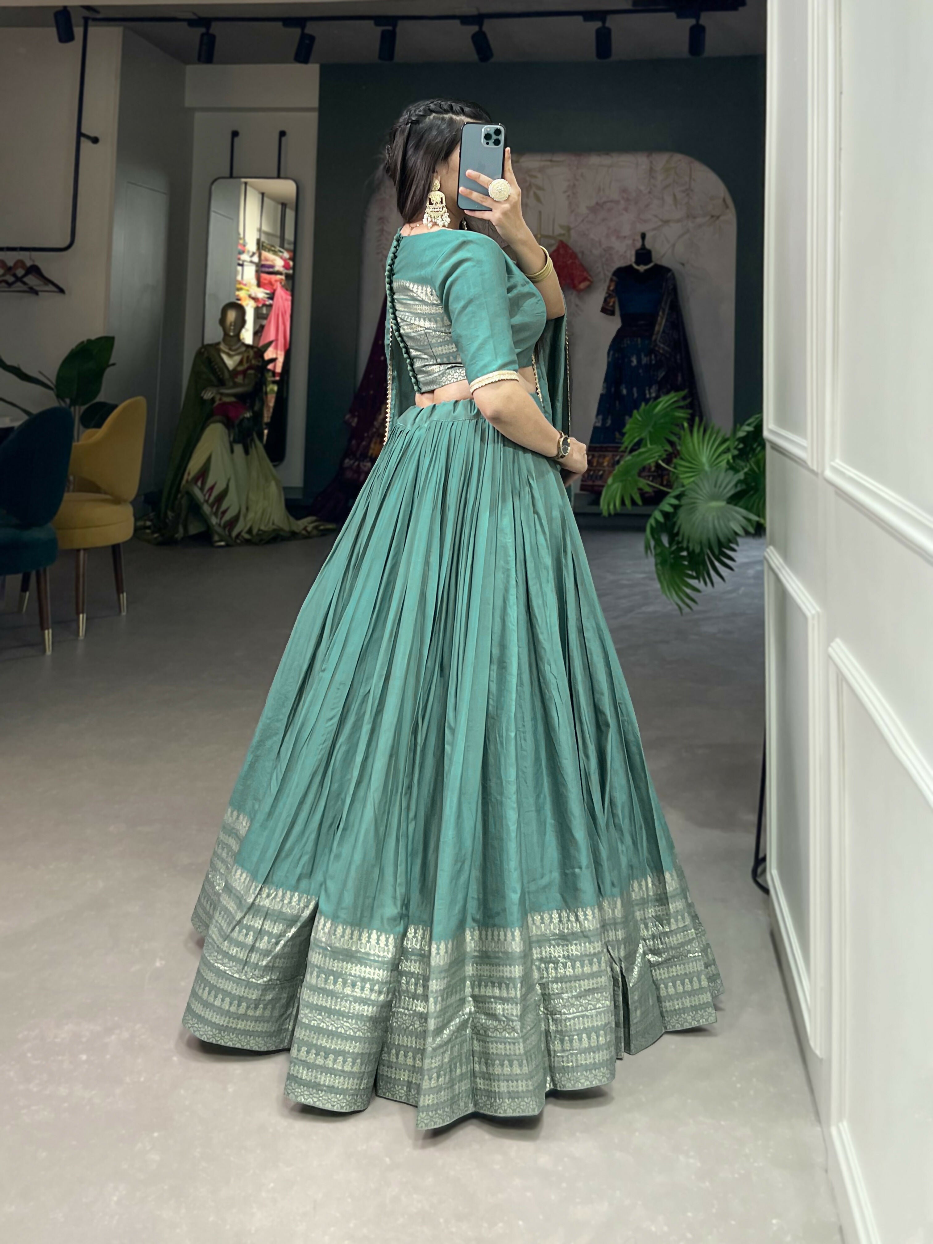 Lorenvalley Seagreen Pure Chanderi Plain With Zari Weaving Work Border Lehenga Choli