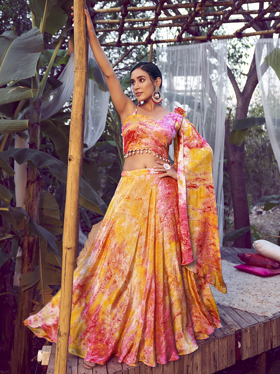 Myra Orange Silk Digital Printed Designer Lehenga