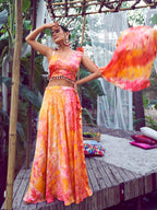 Myra Orange Silk Digital Printed Designer Lehenga