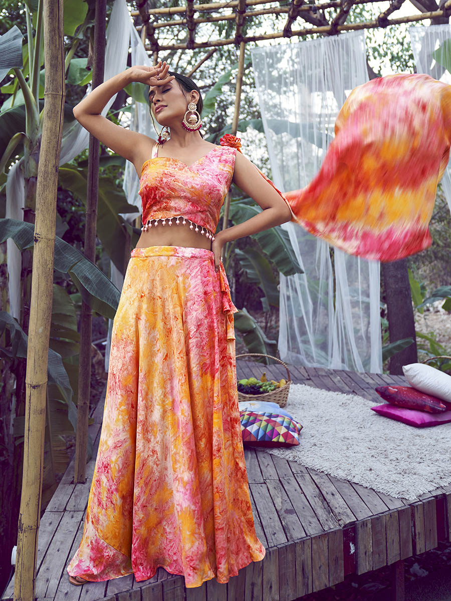 Myra Orange Silk Digital Printed Designer Lehenga