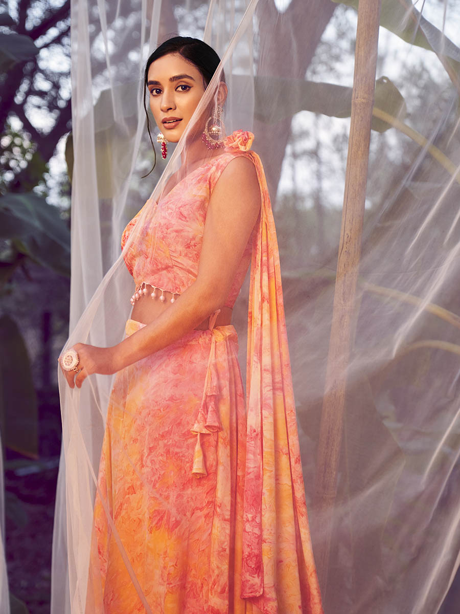 Myra Orange Silk Digital Printed Designer Lehenga