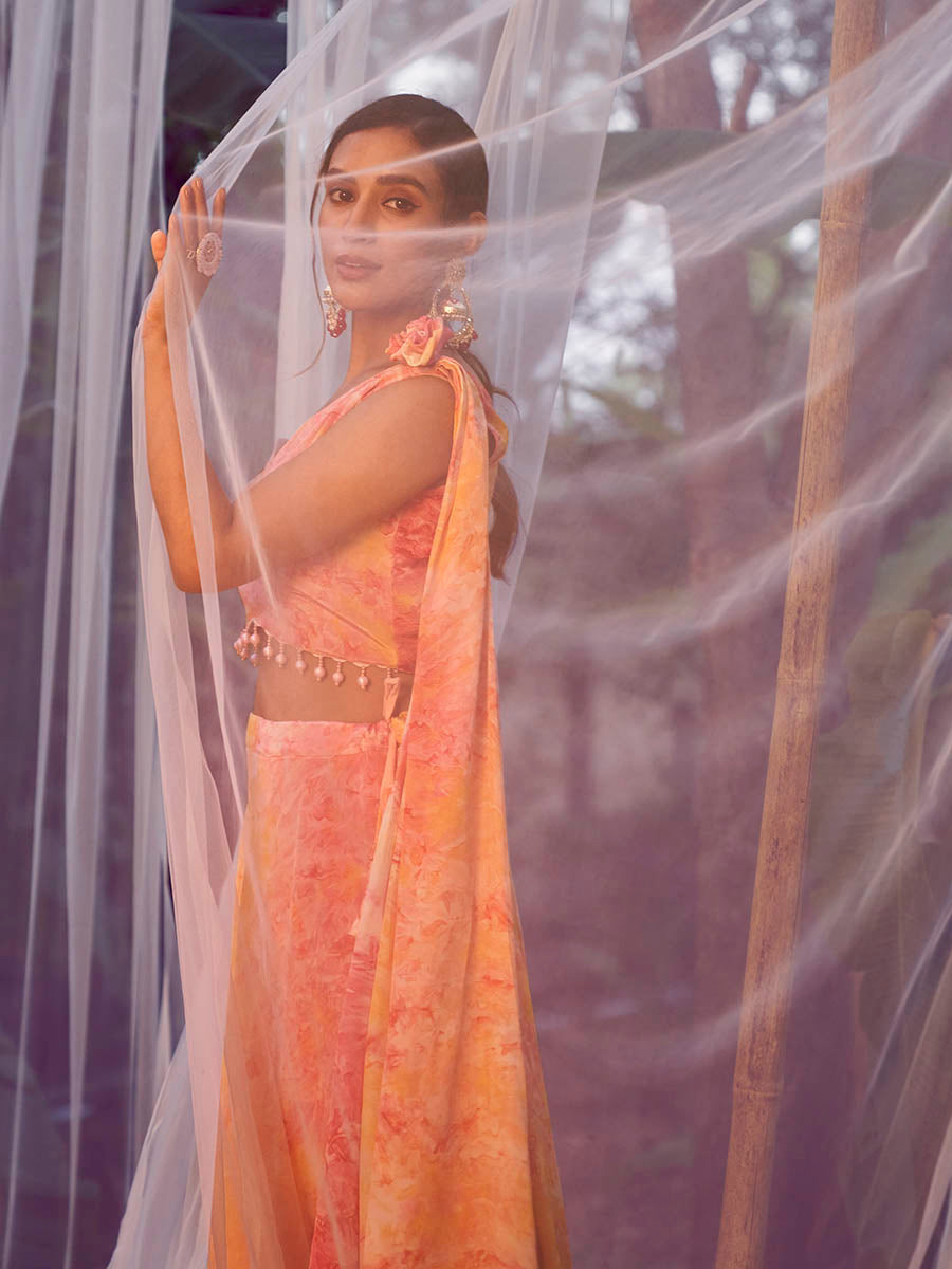 Myra Orange Silk Digital Printed Designer Lehenga