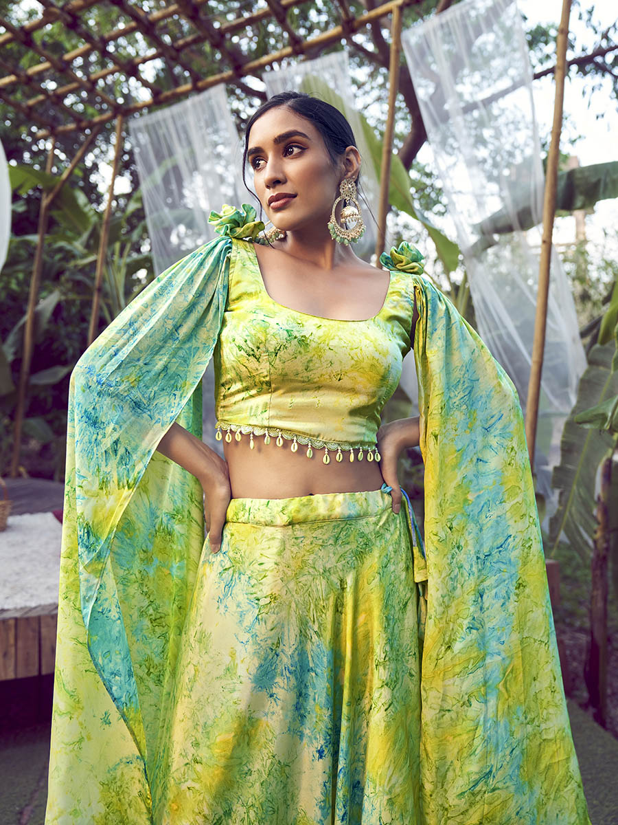 Myra Fluorescent Green Silk Digital Printed Designer Lehenga