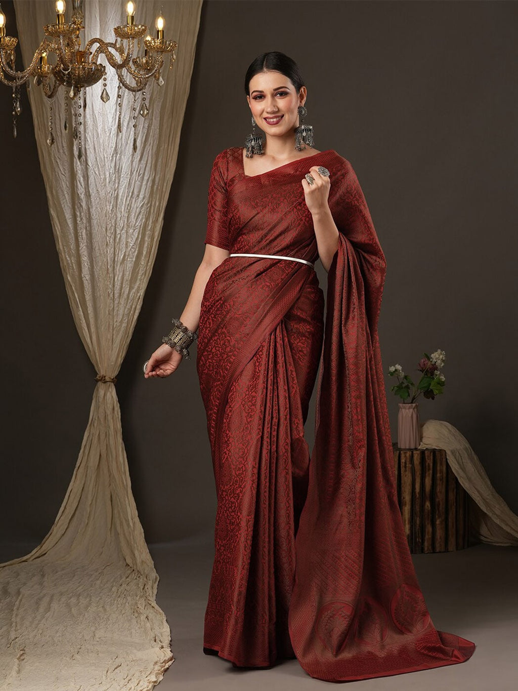 Saree Mall Maroon Woven Design Zari Silk Blend Banarasi Sarees - Distacart