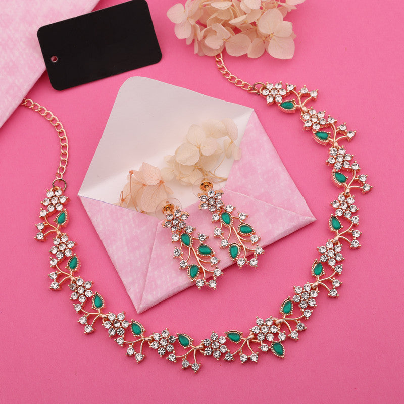 Tehzeeb Creations Rose Gold Pleated White Diamond With Green Beads Necklace Set