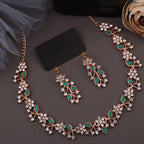 Tehzeeb Creations Rose Gold Pleated White Diamond With Green Beads Necklace Set