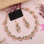 Tehzeeb Creations Rose Gold Pleated White Diamond With Green Beads Necklace Set
