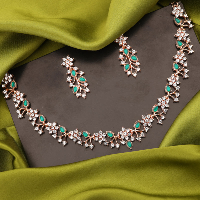 Tehzeeb Creations Rose Gold Pleated White Diamond With Green Beads Necklace Set