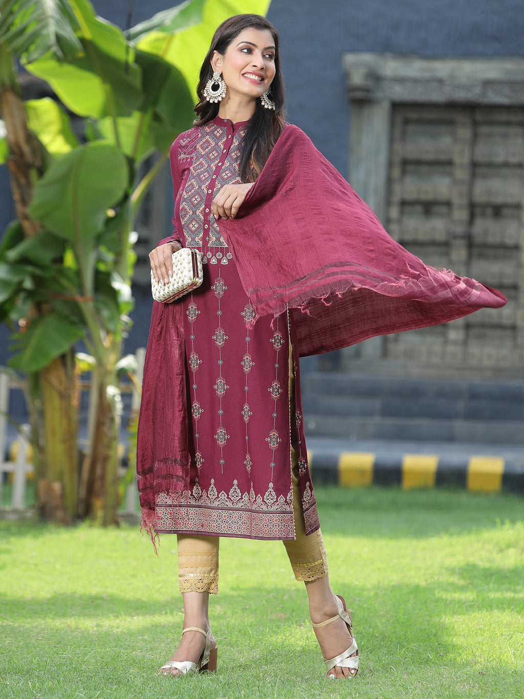 Juniper Womens Wine Rayon Foil Printed Kurta With Dupatta Set - Distacart