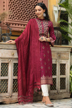 Juniper Women's Wine Rayon Printed Straight Kurta Dupatta Set - Distacart